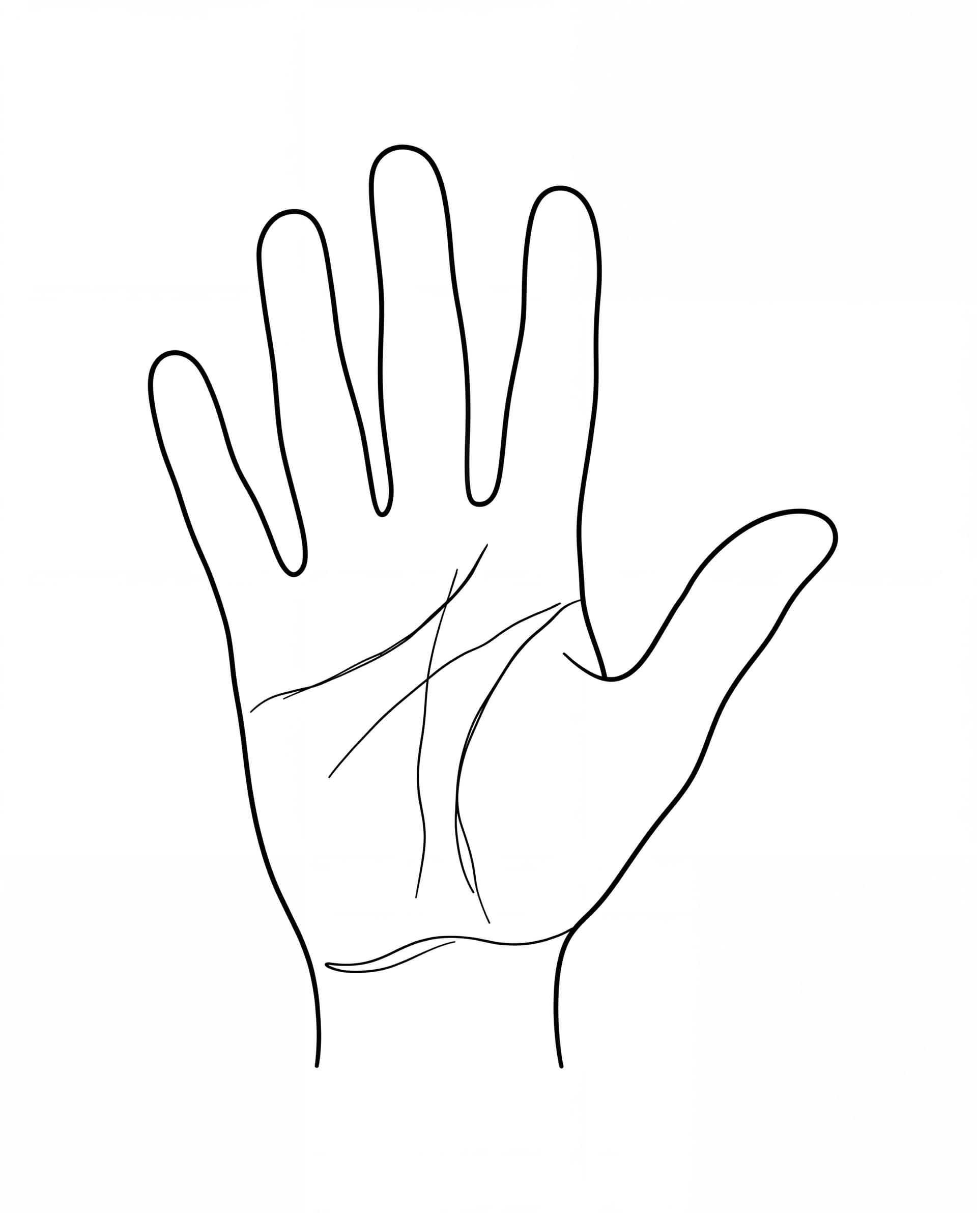 Minimal line drawing of an open palm showing the heart, head, life, and fate lines.