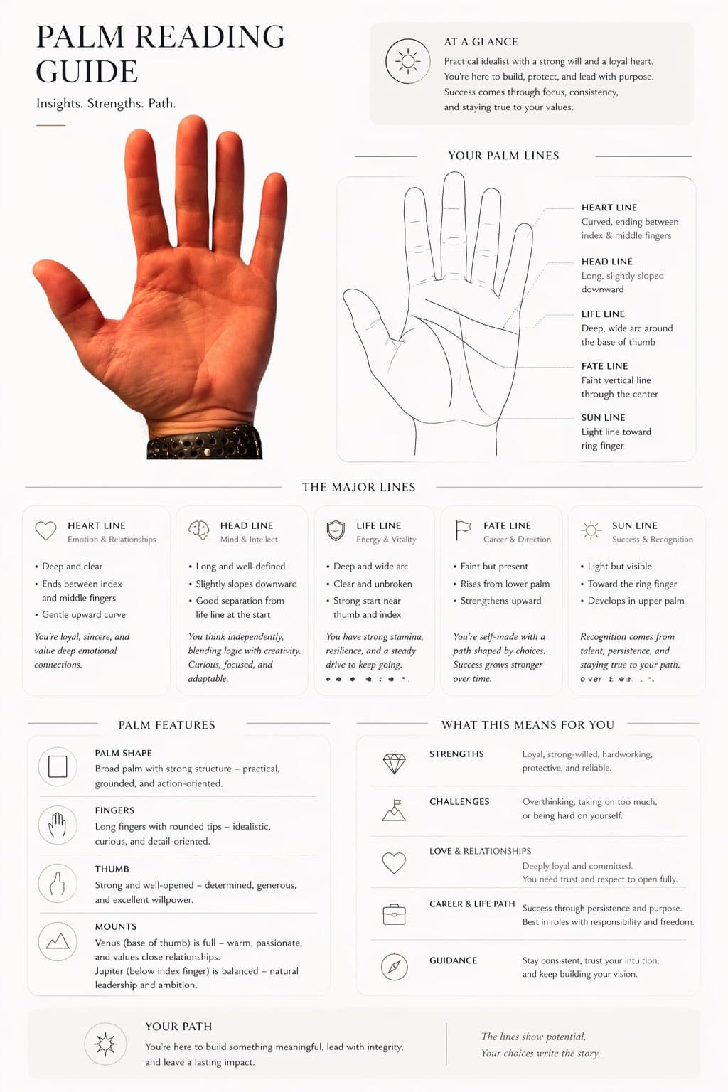 Sample palm reading guide showing the heart, head, life, fate, and sun lines plus palm features and a personal interpretation.